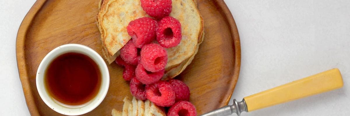 Raspberry Ripple Pancakes with Pineapple Skewers.